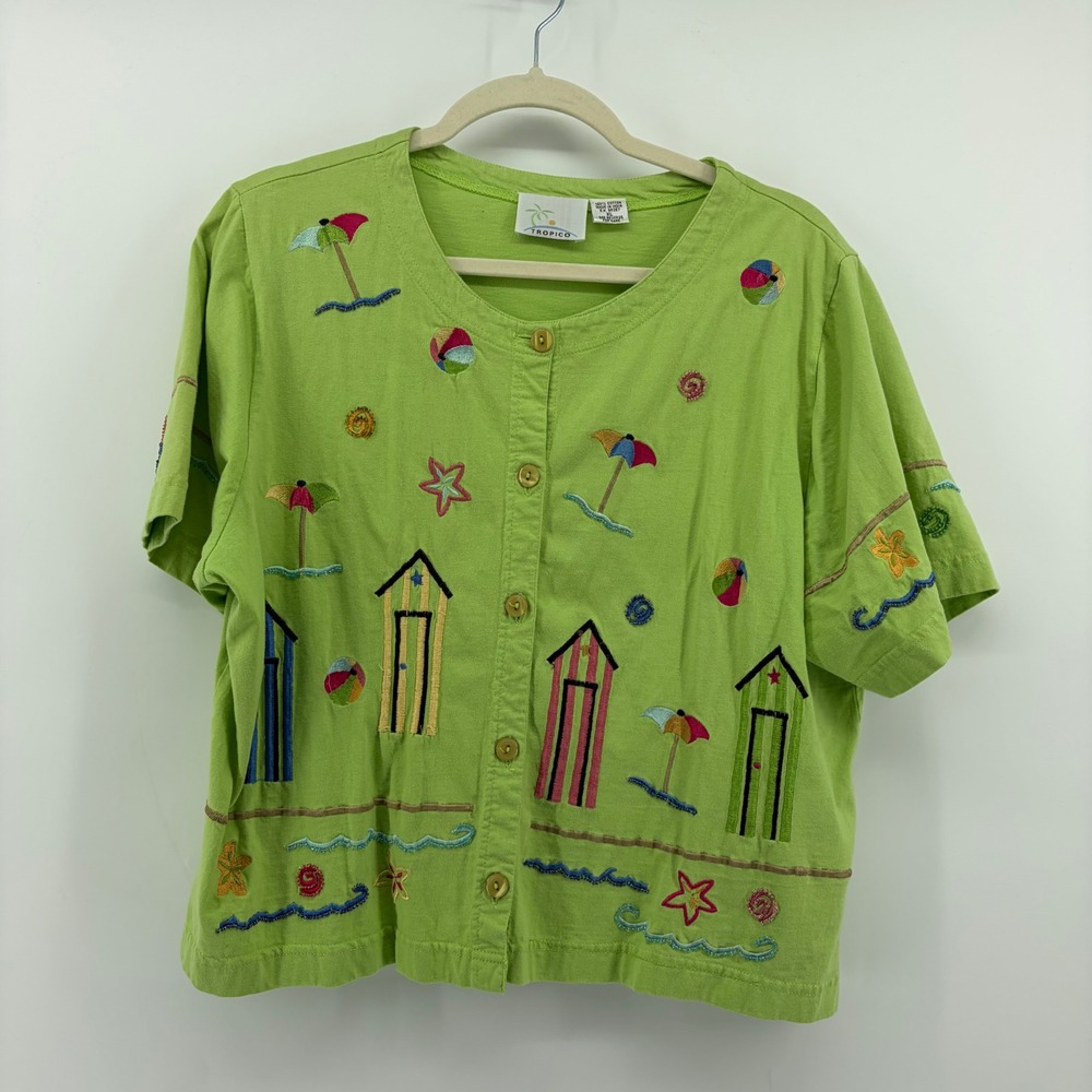 Tropico Button Front Top Lime Green Size XL Beach Hut Embroidered Beaded‎ Cotton